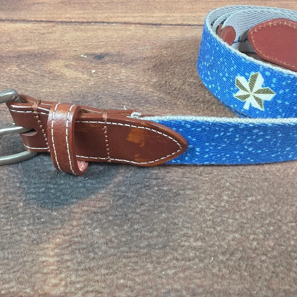 Peter Millar Canvas Belt Mens 40 Blue Good Embroidered Leather Trim